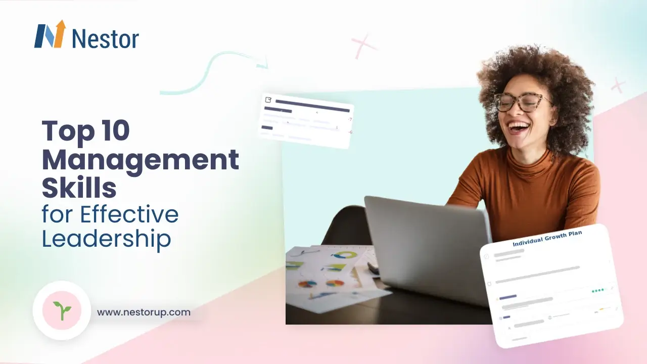 Article Cover For Top 10 Management Skills For Effective Leadership Showing A Young Woman Working Happy On The Computer