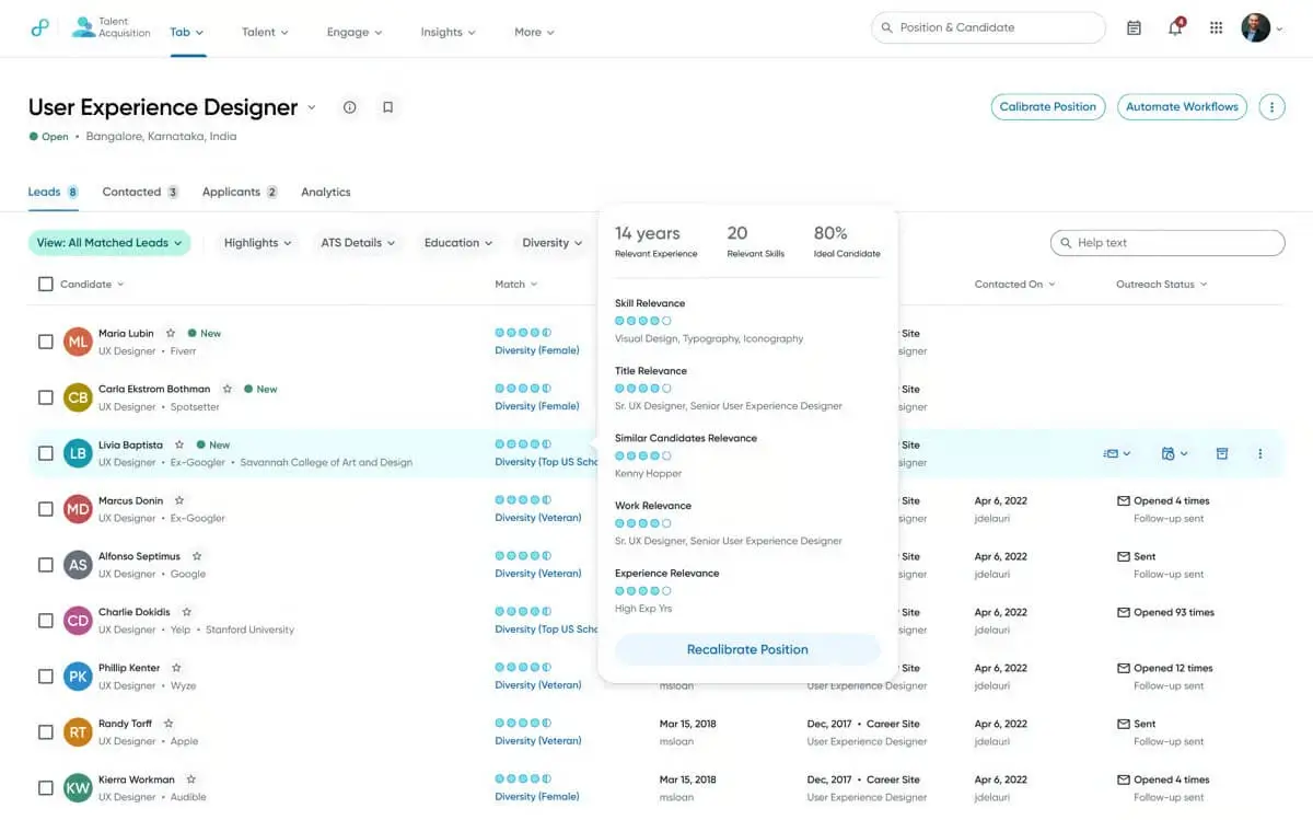 Eightfold Product Interface Displaying Talent Acquisition Solution Interface for User Experience Designer Position 
