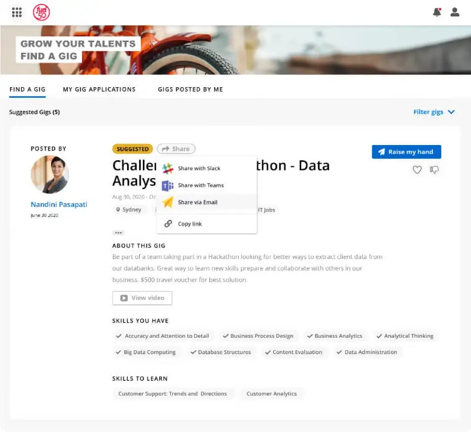 Fuel50 Product Interface Displaying The Find A Gig Solution and Suggested Gigs
