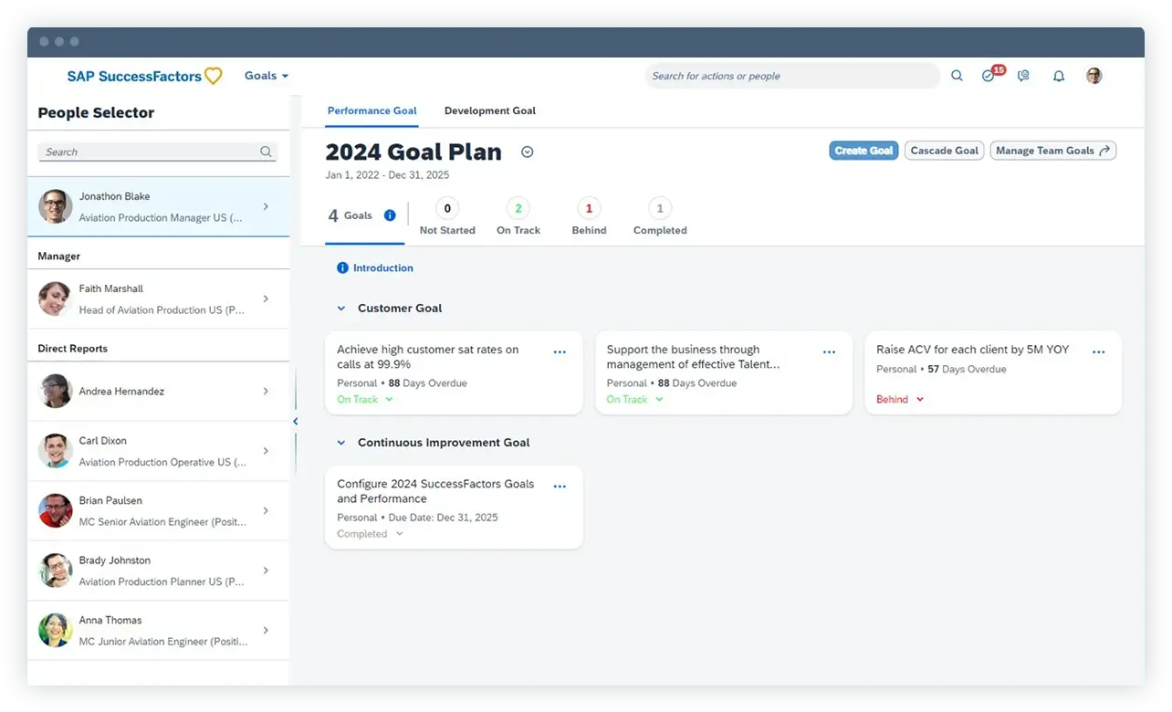 SAP Success Factors Product Interface Displaying Performance Goals by People