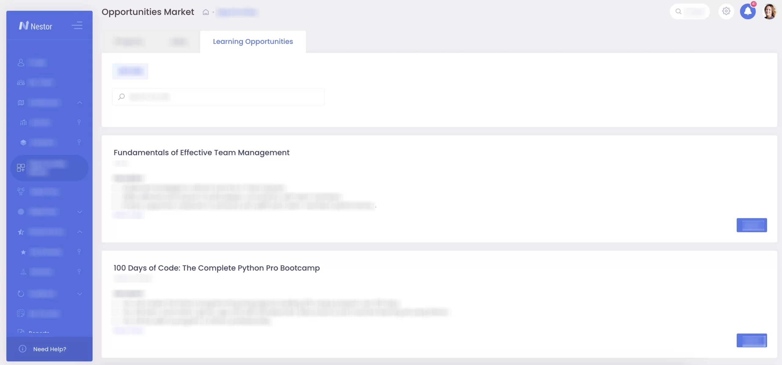 Dashboard showing Nestor's platform with customized learning paths, aligning employee development with company goals.