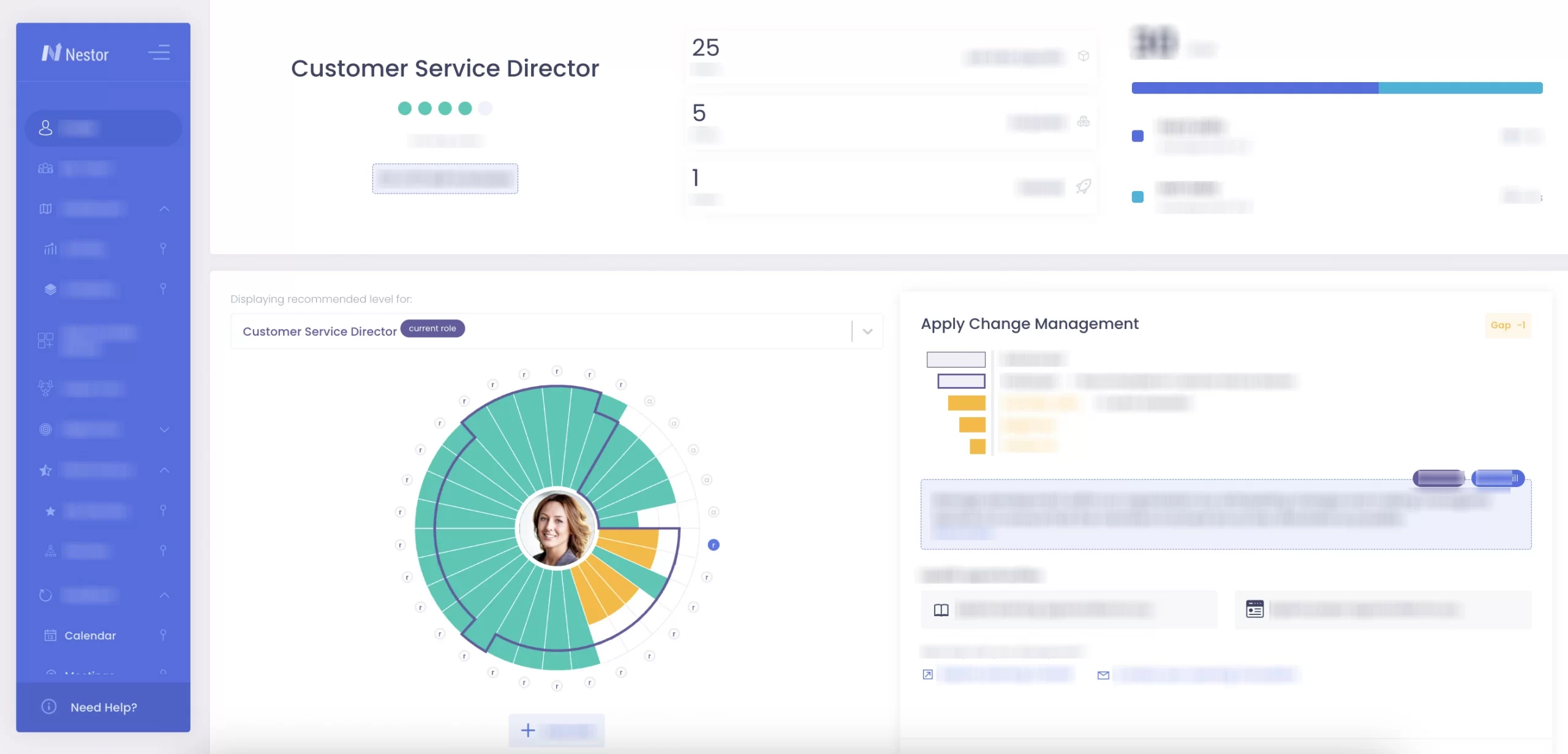 Nestor dashboard displaying employee proficiency insights through self-assessments, peer feedback, and manager reviews, highlighting strengths and growth areas for skills-based organizations.